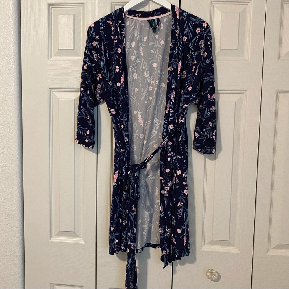 Laura Ashley Tie Waist Floral Print Long Sleeve bath Robe Sz Large Comfy Relax